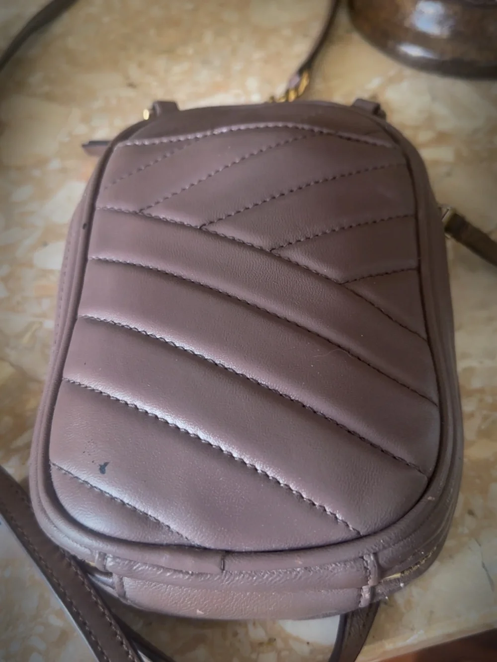 Tory Burch Taupe Quilted Leather Crossbody Phone Pouch with Gold Logo